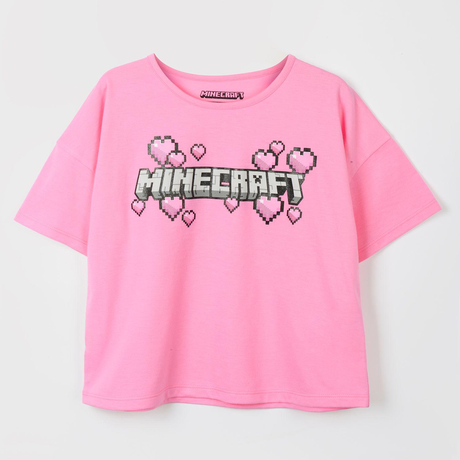 Polera Manga Corta Niña Corazones Rosado Minecraft-0