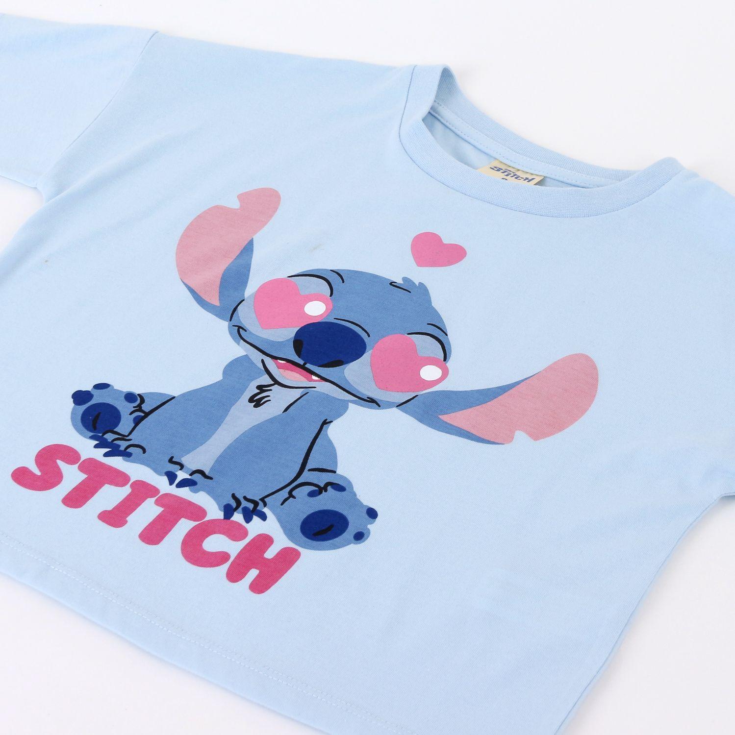 Polera Manga Corta Niña Stitch Disney Corazones Celeste-2