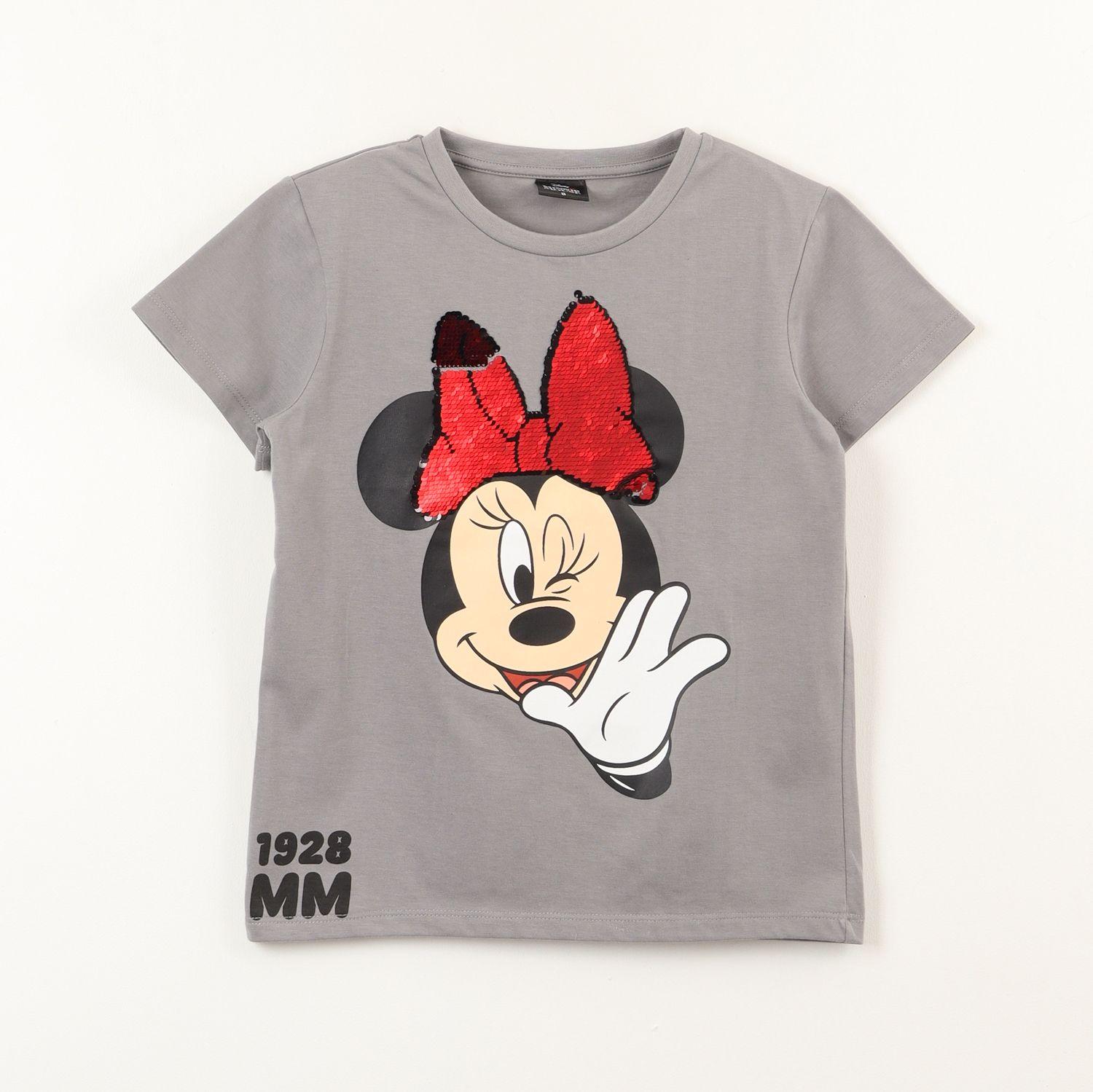 Polera Manga Corta Niña Minnie Lentejuelas Moño Gris Disney-0