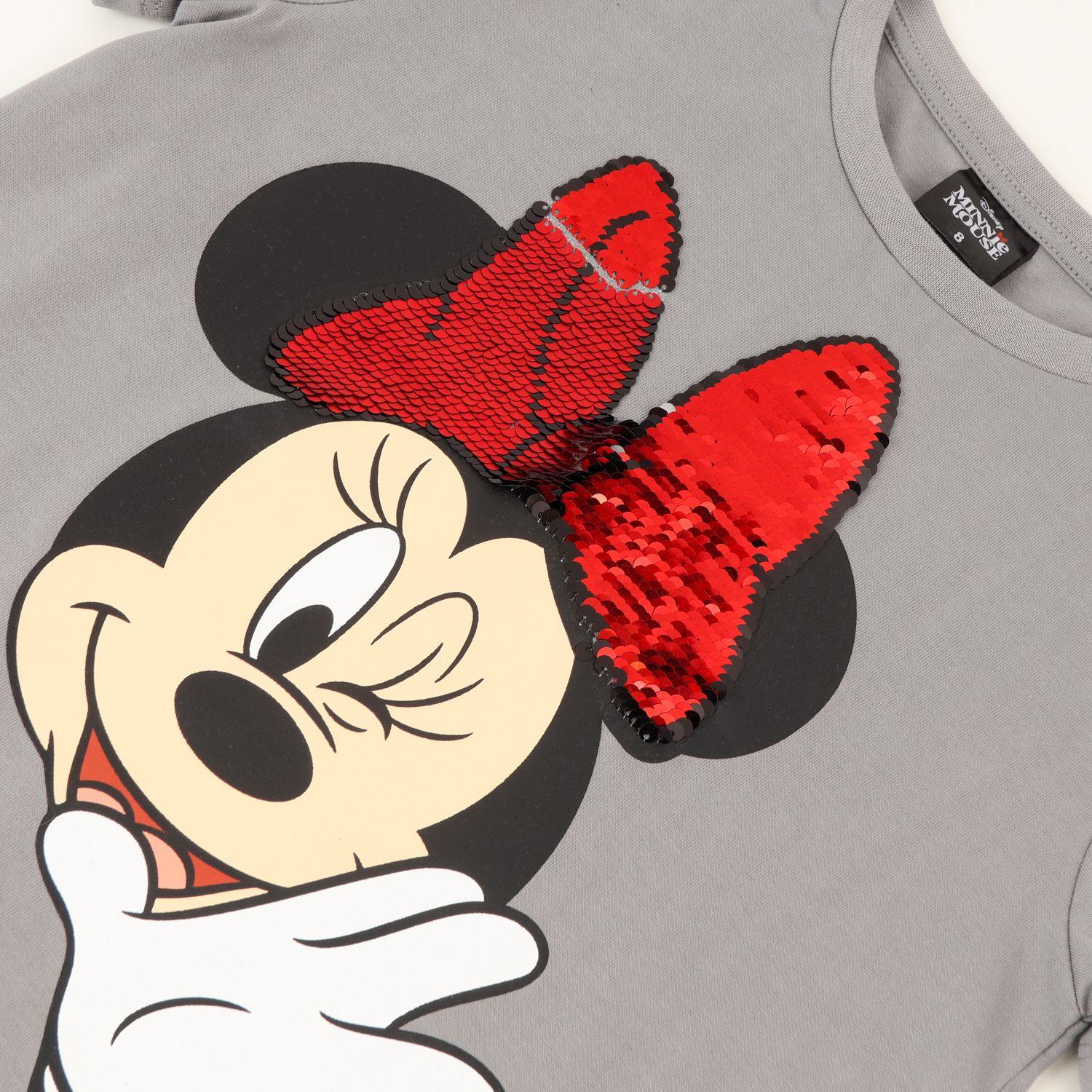 Polera Manga Corta Niña Minnie Lentejuelas Moño Gris Disney-1