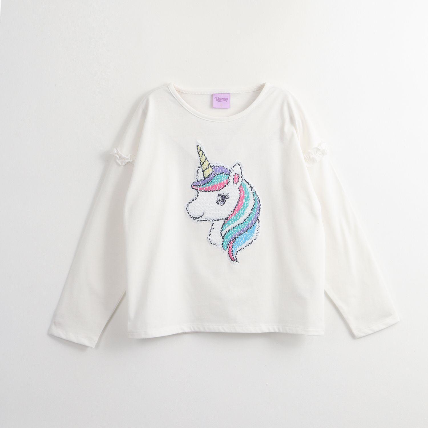 Polera Manga Corta Niña Lentejuelas Blanco Unicornio-0