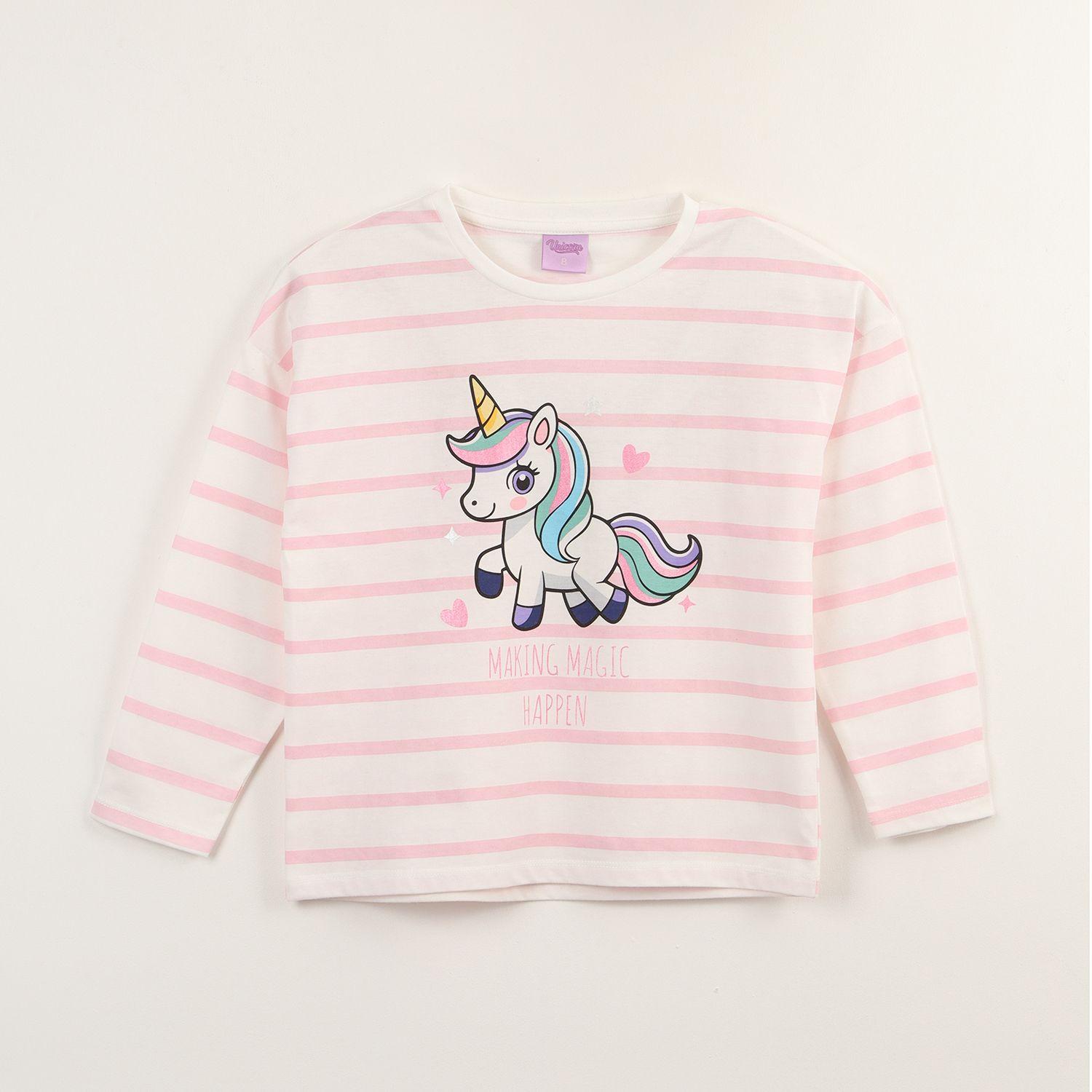 Polera Manga Larga Niña Pink Lines Blanco Unicornio-0