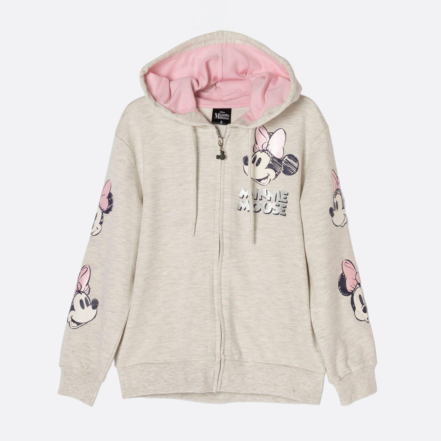 Poleron Con Gorro Niña Personaje Mangas Caras Minnie Gris Disney-0
