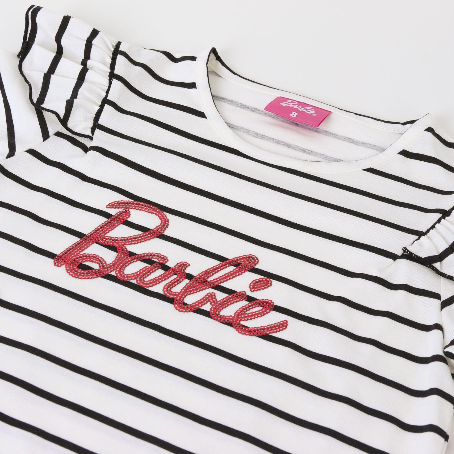 Polera Manga Larga Niña Rayas Logo Blanco Barbie-2