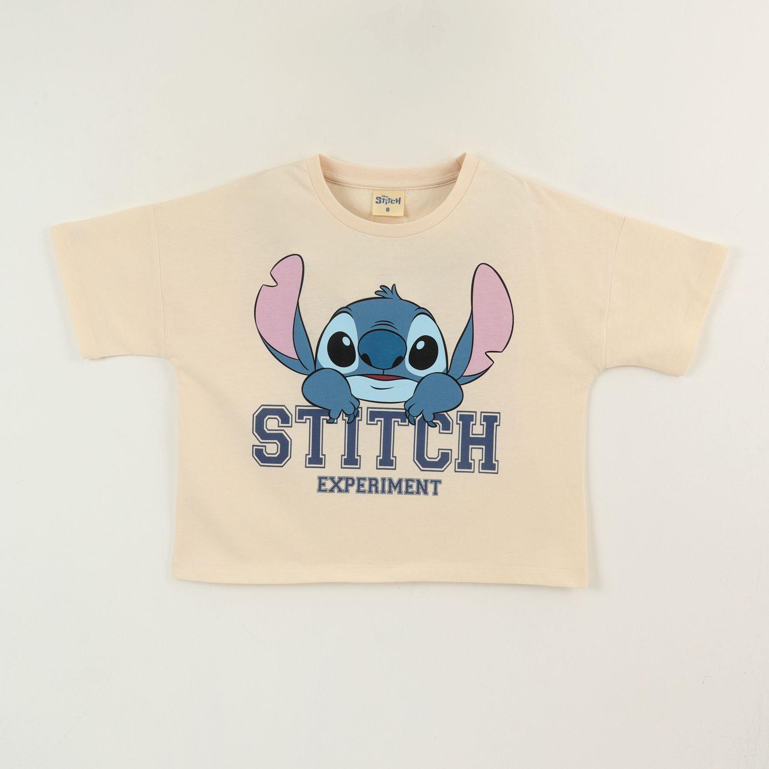 Polera Manga Corta Niña Beige Cara Lilo & Stitch Disney-0