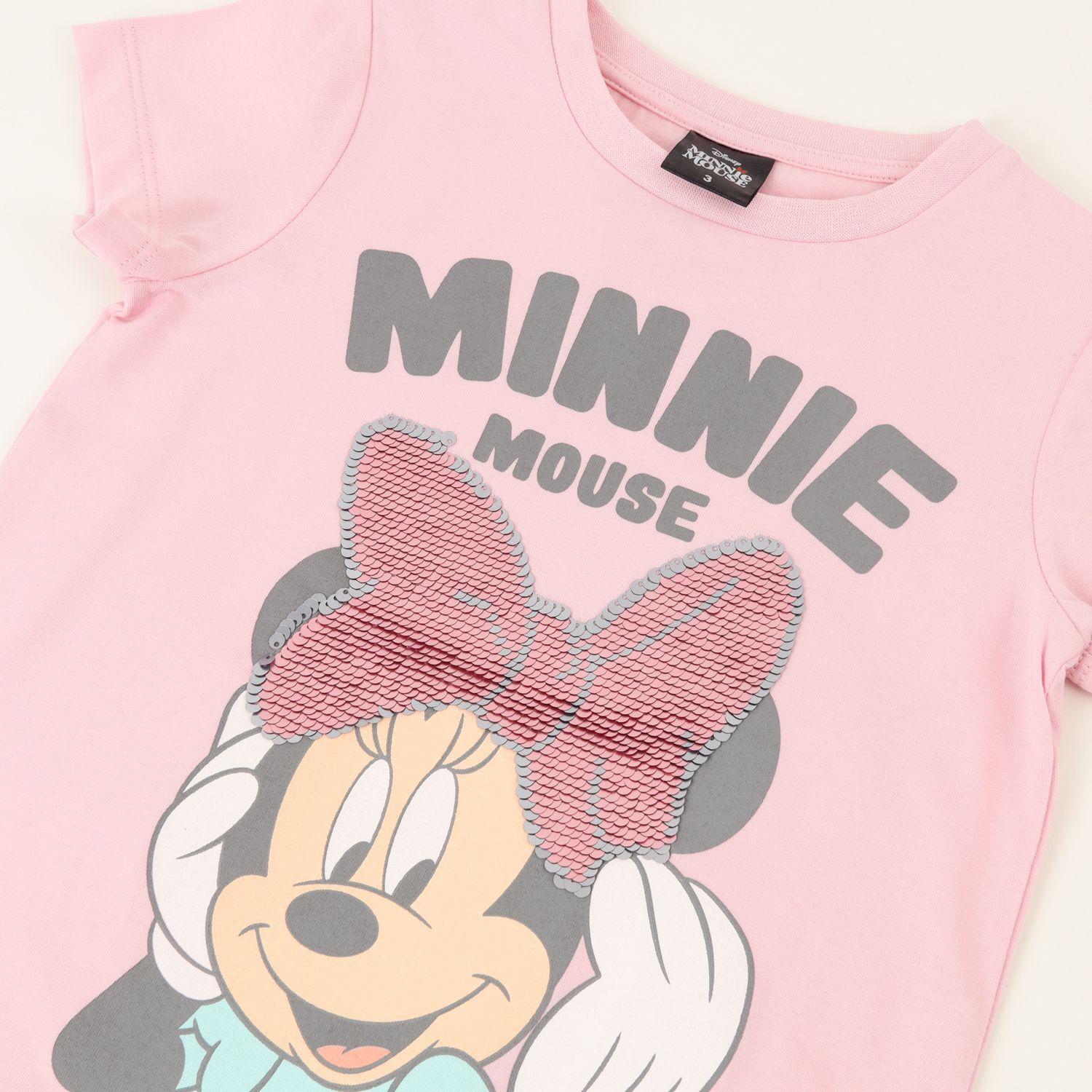 Polera Manga Corta Niña Minnie Lentejuelas Rosado Disney-1