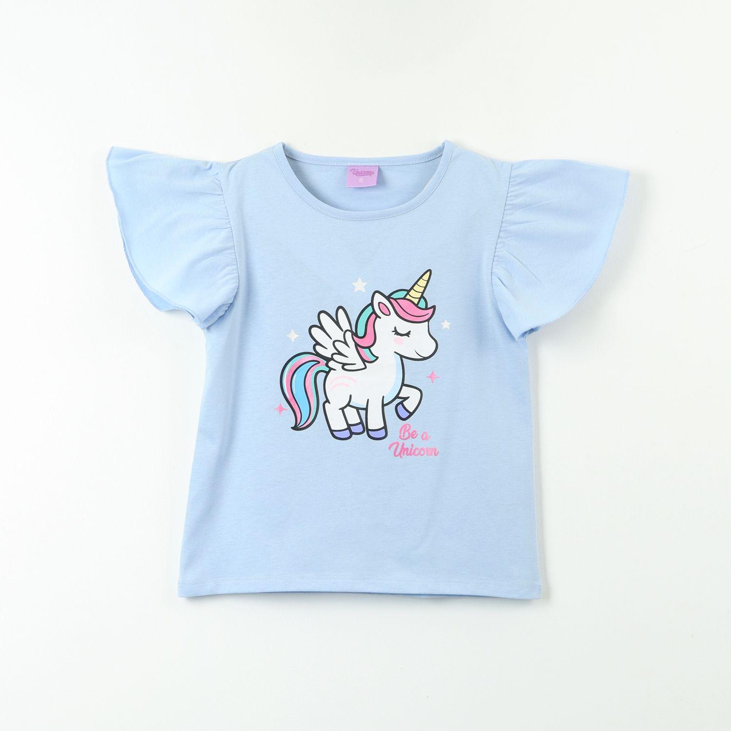 Polera Manga Corta Niña Vuelos Celeste Unicornio-0
