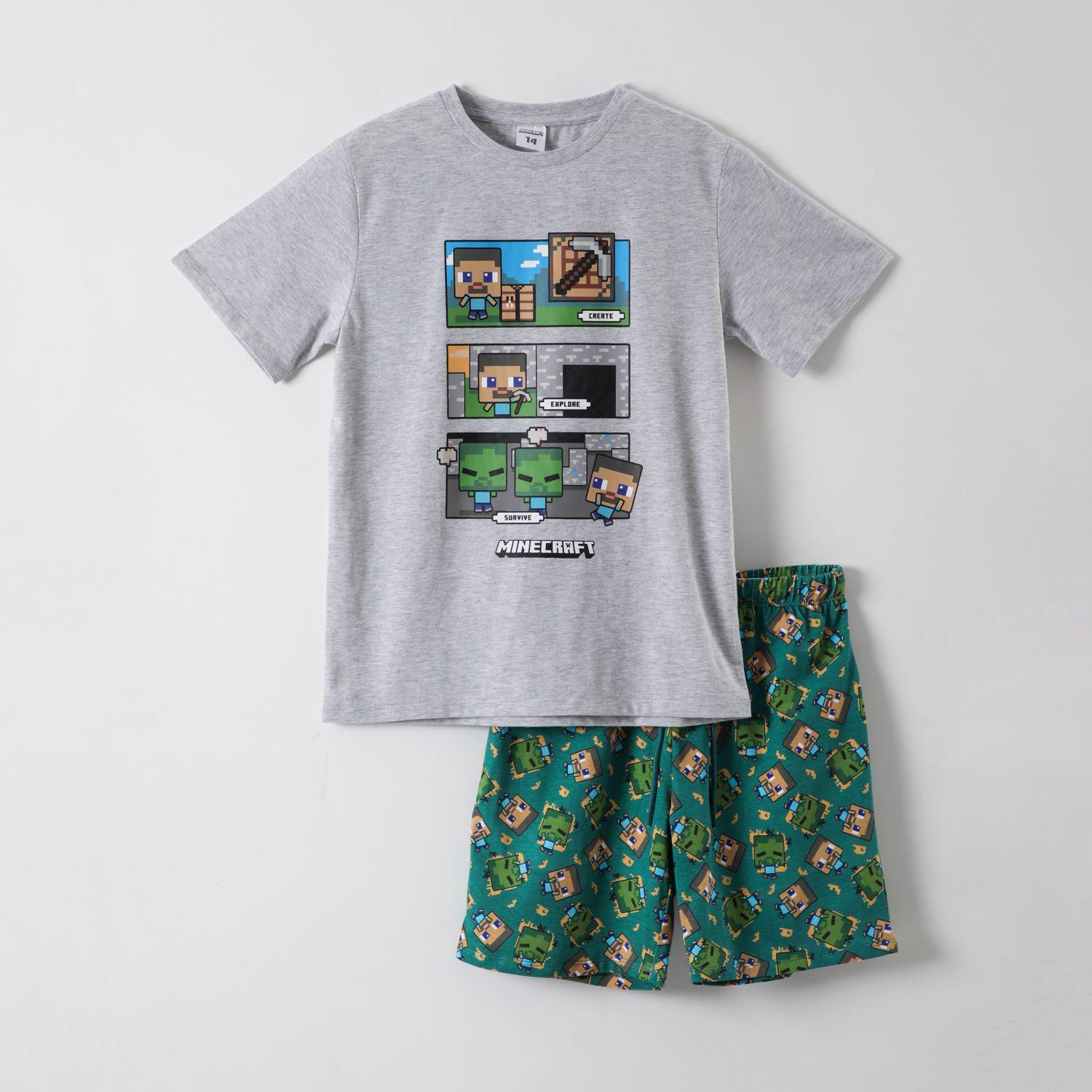 Pijama Corto Niño Creeper y Steve Gris Minecraft-2
