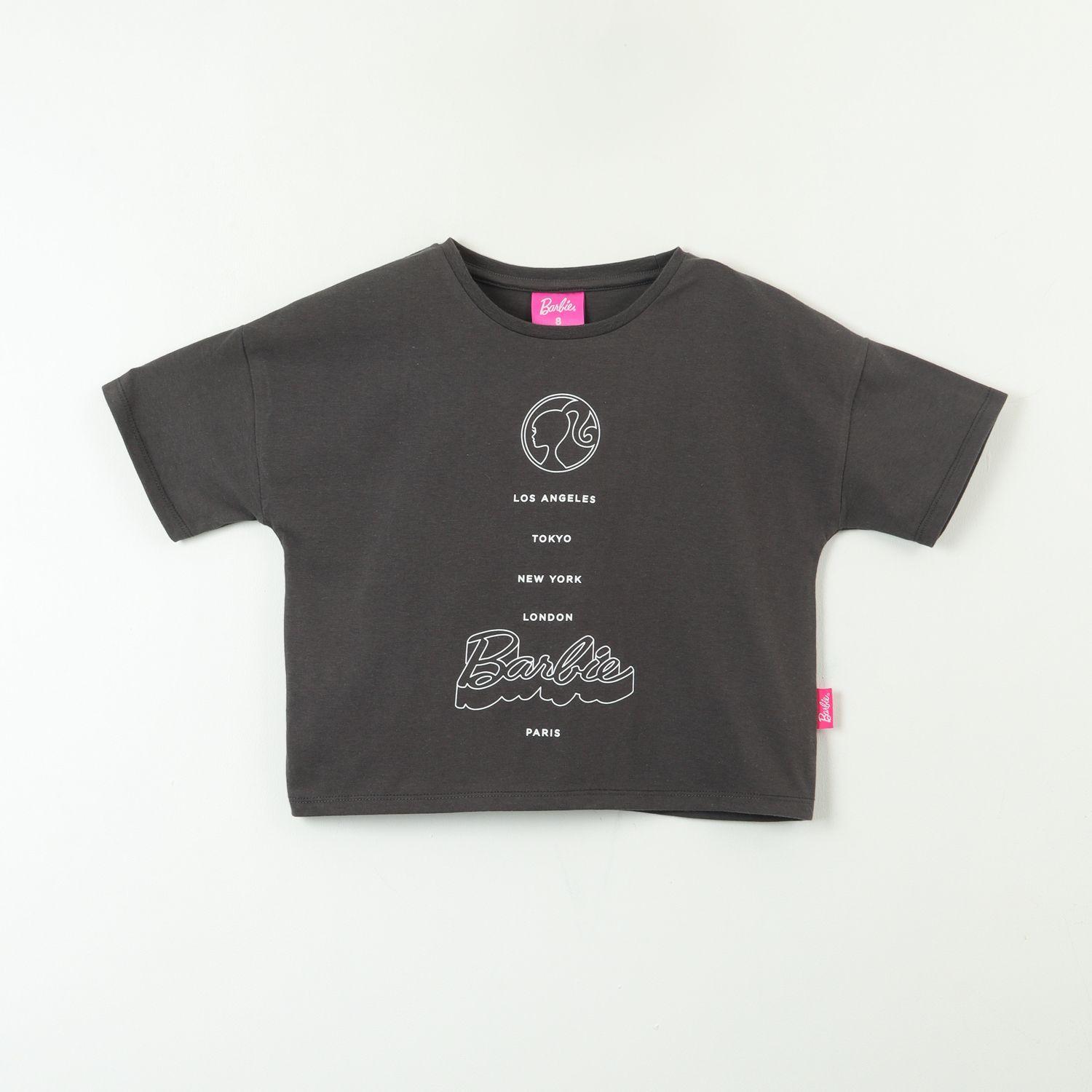 Polera Manga Corta Niña Texto Gris Barbie-0