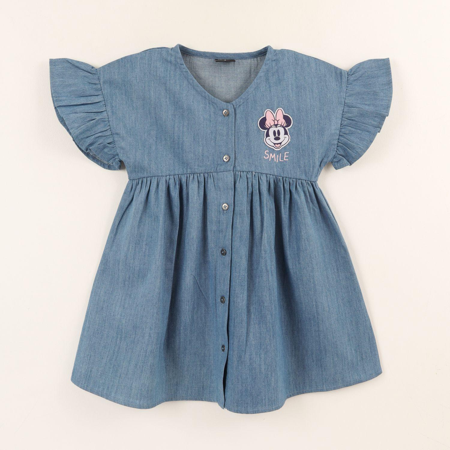 Vestido Manga Vuelos Niña Denim Azul Botones Minnie Disney-0