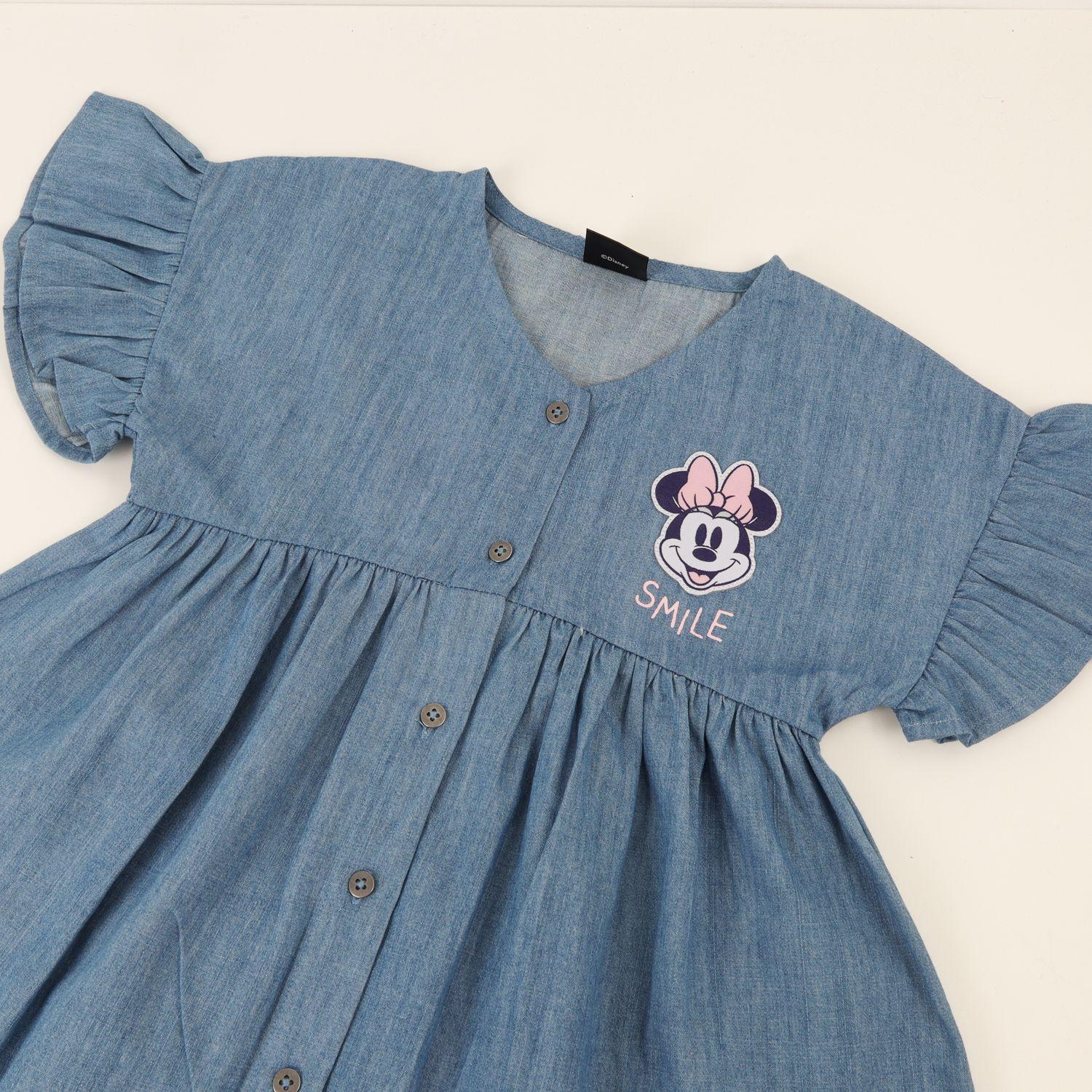 Vestido Manga Vuelos Niña Denim Azul Botones Minnie Disney-2