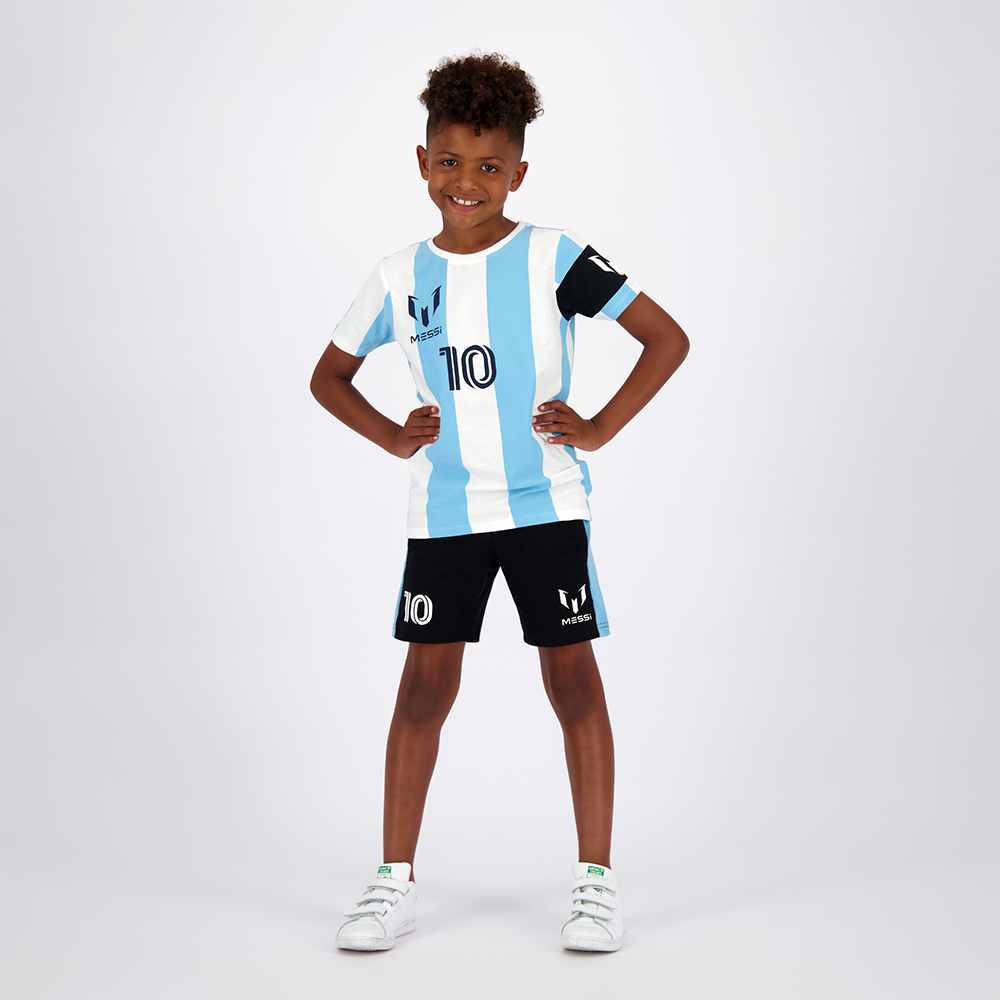 Polera Manga Corta Niño Argentina Blanco Con Negro Messi-0