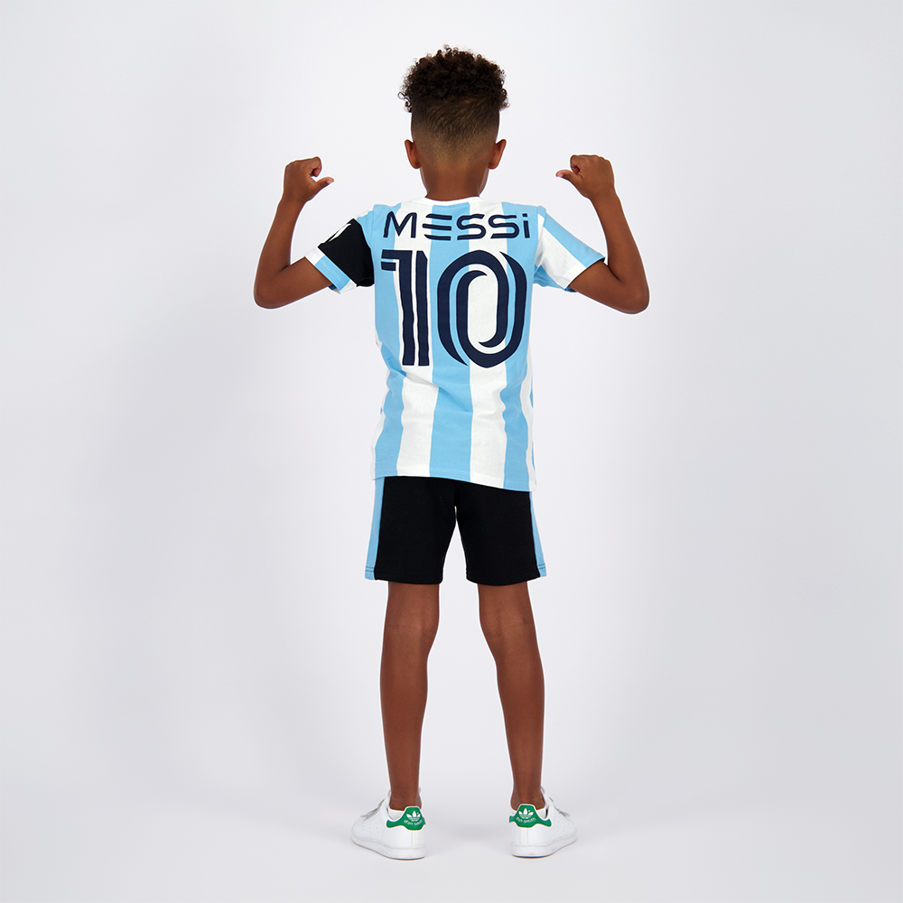 Polera Manga Corta Niño Argentina Blanco Con Negro Messi-3