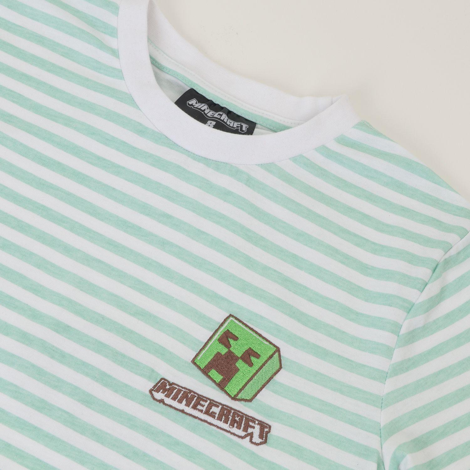 Polera Manga Corta Niño Verde Rayas Creeper Minecraft-2