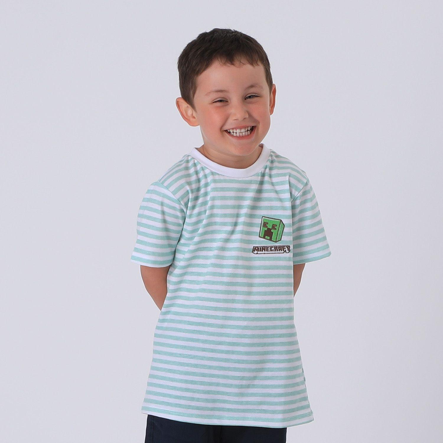 Polera Manga Corta Niño Verde Rayas Creeper Minecraft-0