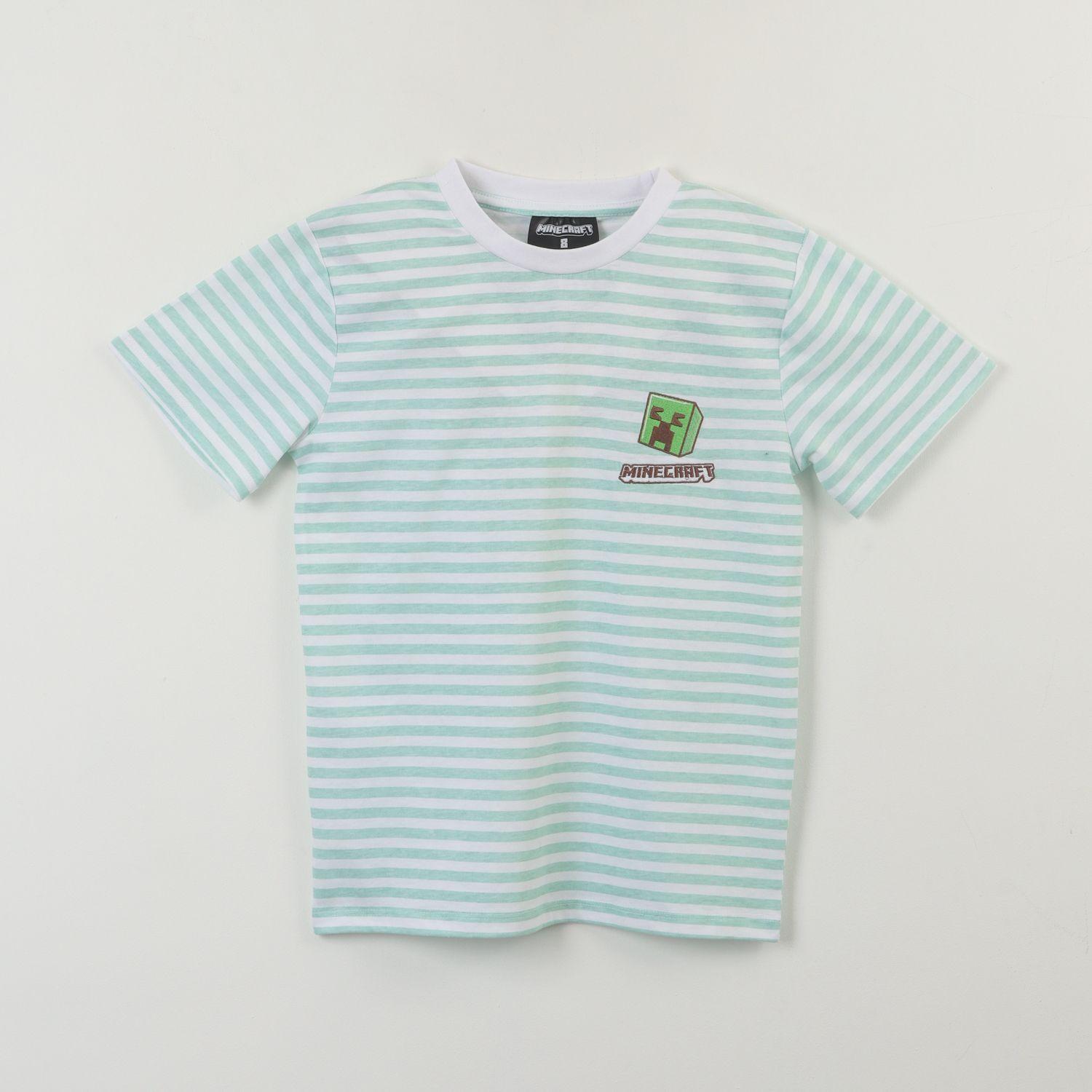 Polera Manga Corta Niño Verde Rayas Creeper Minecraft-1