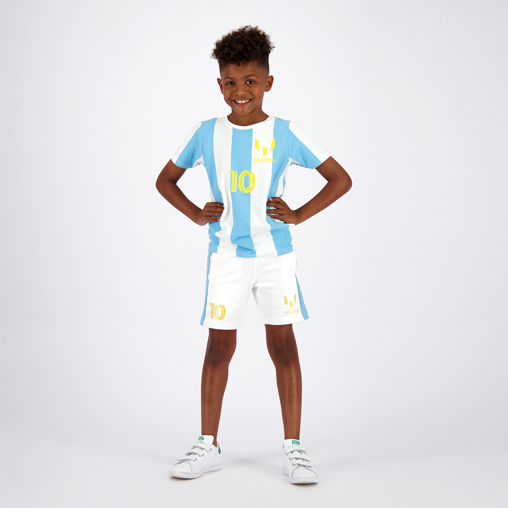 Polera Manga Corta Niño Argentina Blanco Con Amarillo Messi-0