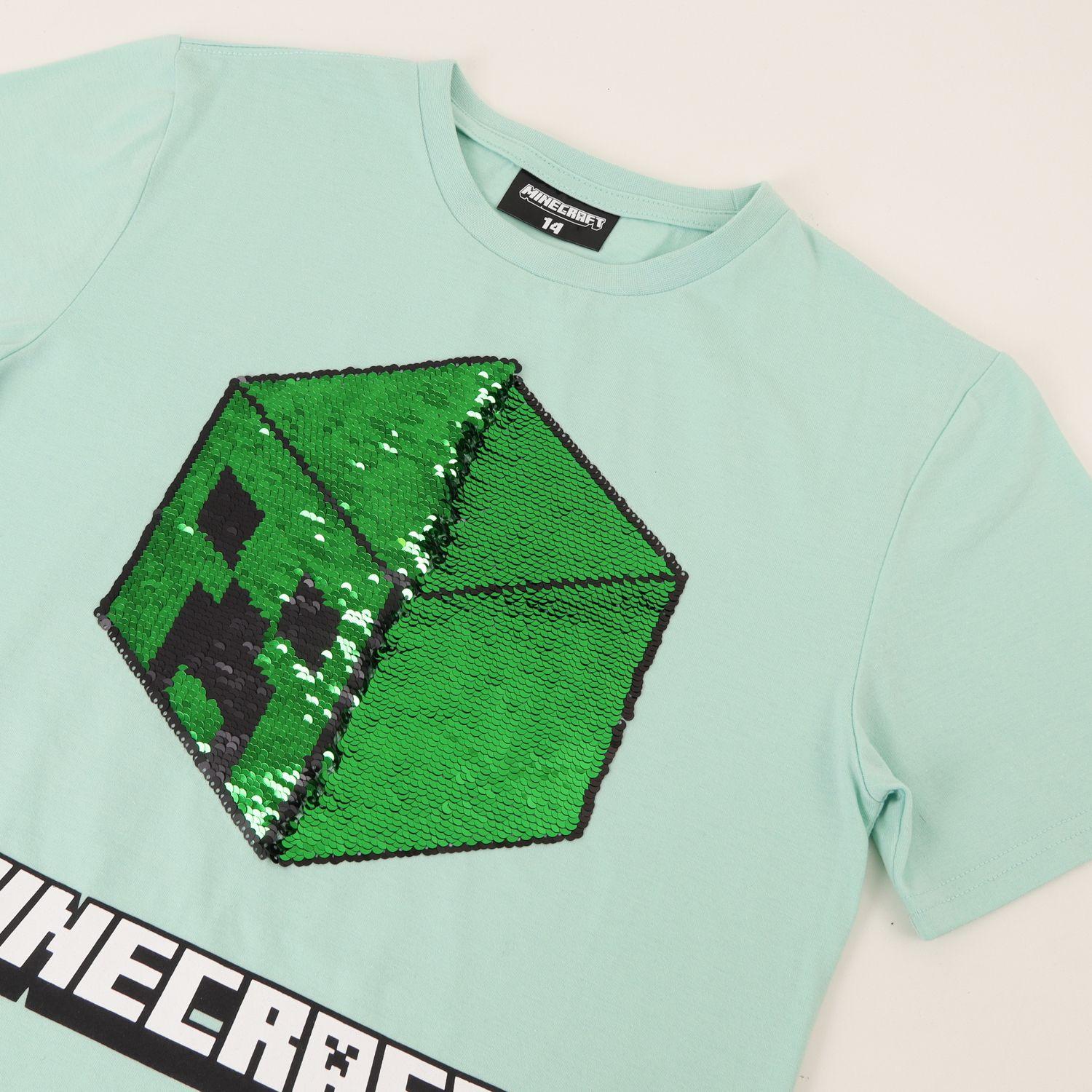Polera Manga Corta Niño Verde Sequins Reversi Minecraft-2