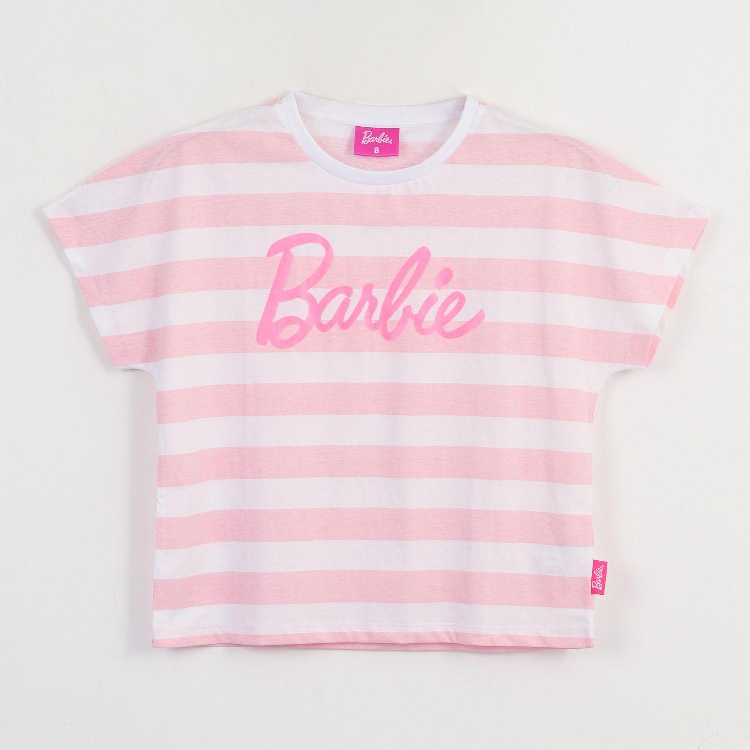 Polera Manga Corta Niña Blanco Rayas Estampado Barbie-0