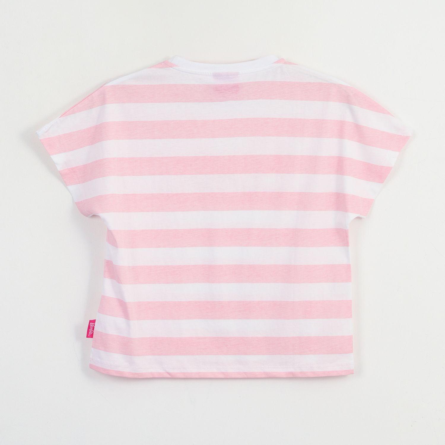 Polera Manga Corta Niña Blanco Rayas Estampado Barbie-1