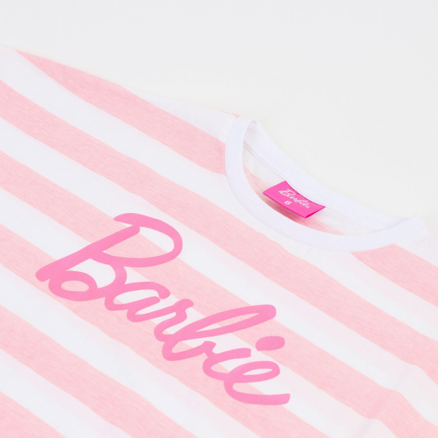 Polera Manga Corta Niña Blanco Rayas Estampado Barbie-2