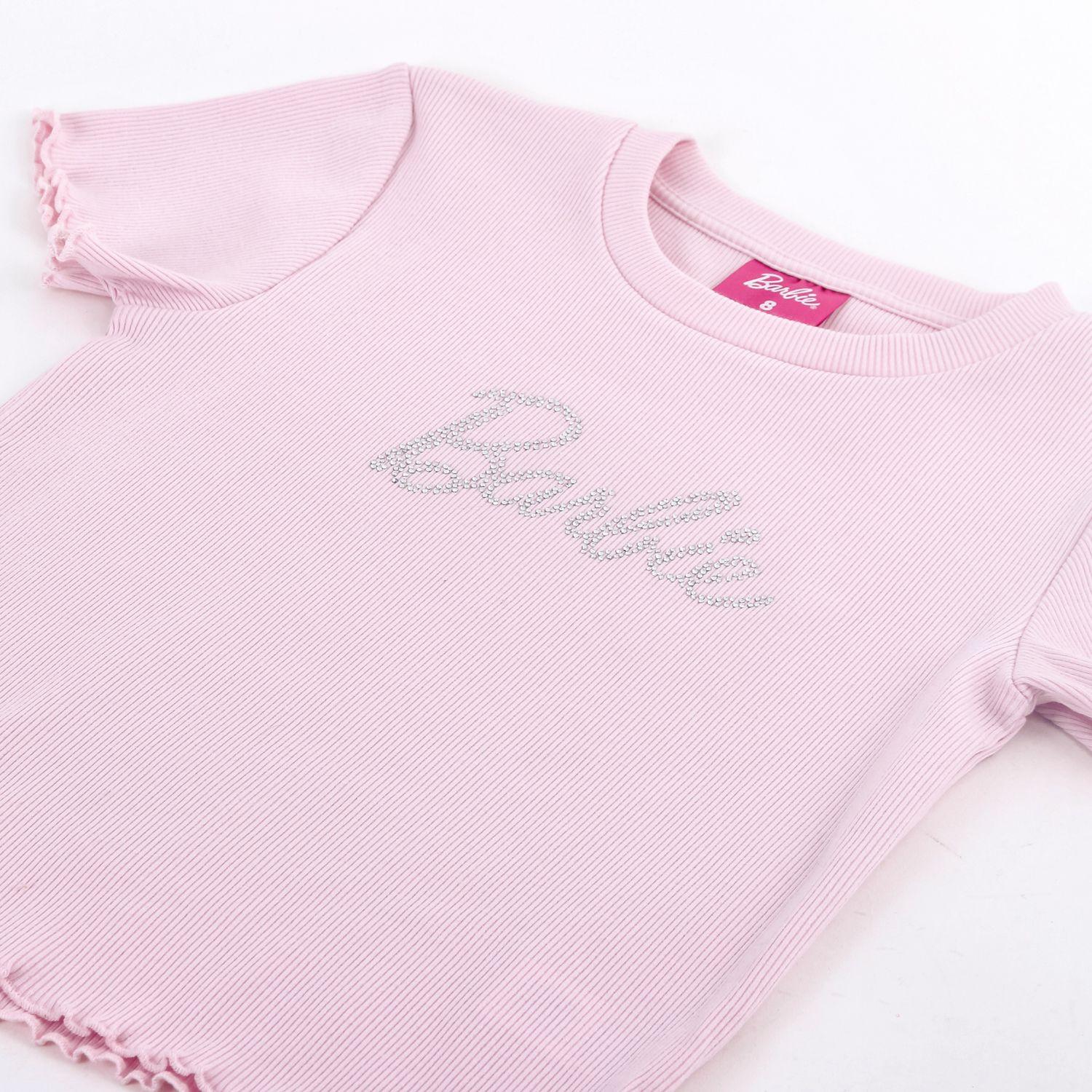 Polera Manga Corta Niña Barbie Logo Strass Rosado-2