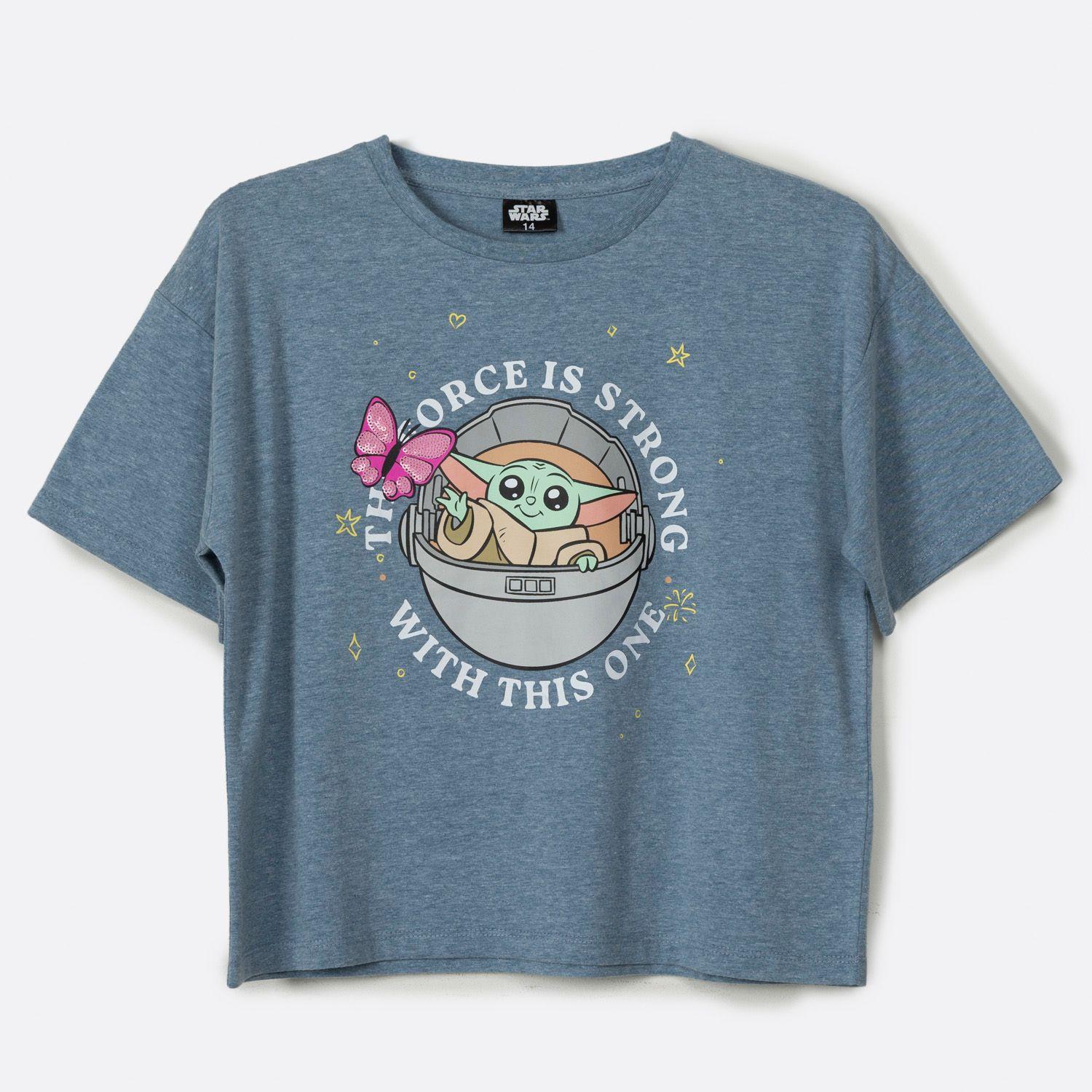 Polera Manga Corta Niña Baby Yoda Azul Star Wars-0
