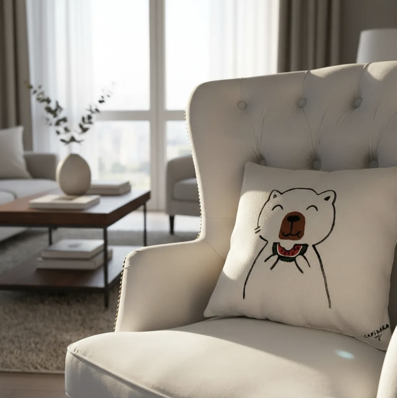 Cojín capibara pintado a mano en lona impermeable y con relleno antialérgico 26 cm-4