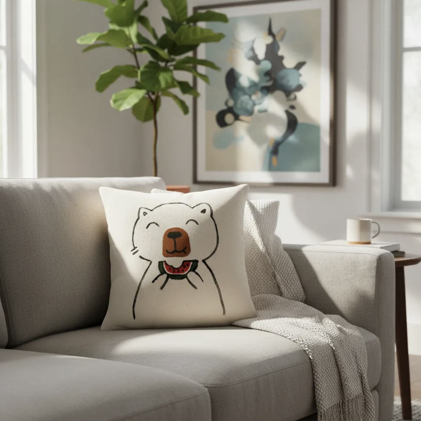 Cojín capibara pintado a mano en lona impermeable y con relleno antialérgico 26 cm-3