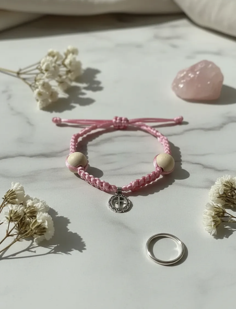 Pulsera Juvenil rosada macram y madera estilo Fancy-3