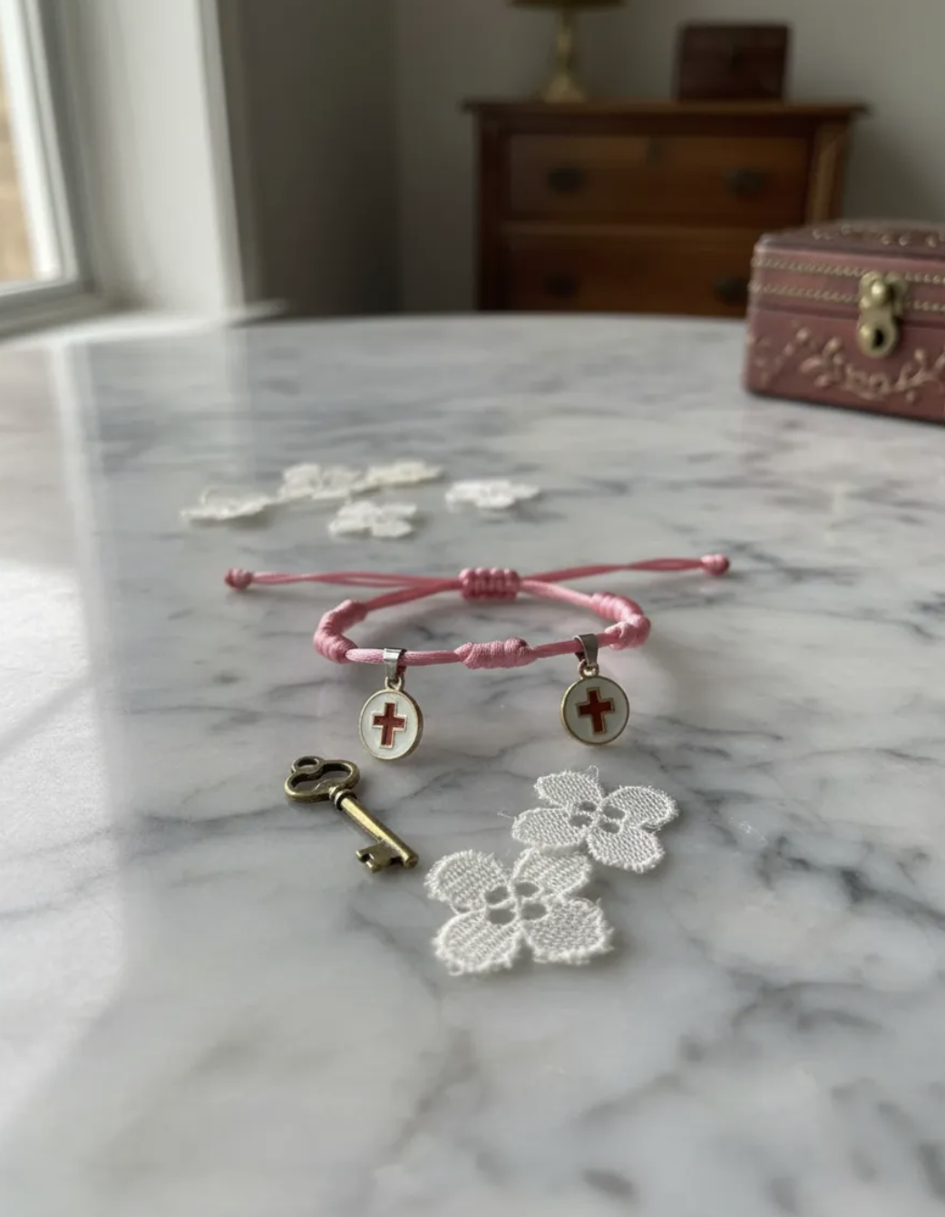 Pulsera niña rosa con dijes de cruz esmaltada-2