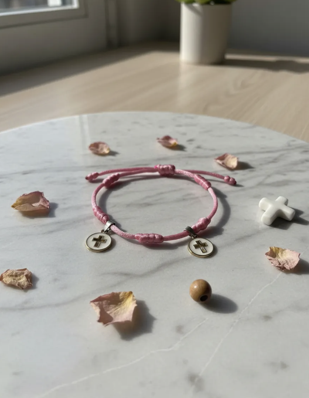 Pulsera niña rosa con dijes de cruz esmaltada-4