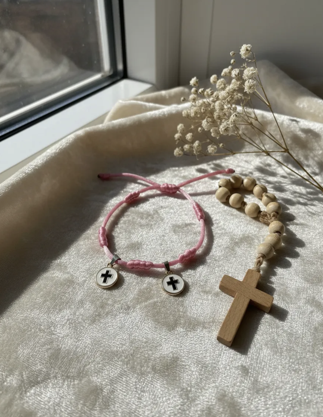 Pulsera niña rosa con dijes de cruz esmaltada-5