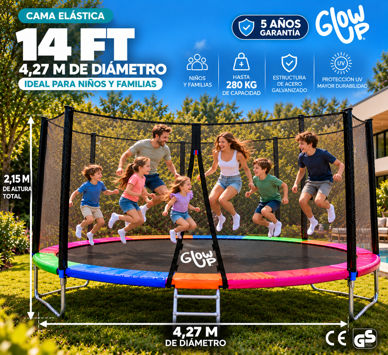 Cama Elástica 14ft 4,27 mts GlowUp con Malla seguridad + Escalera-1