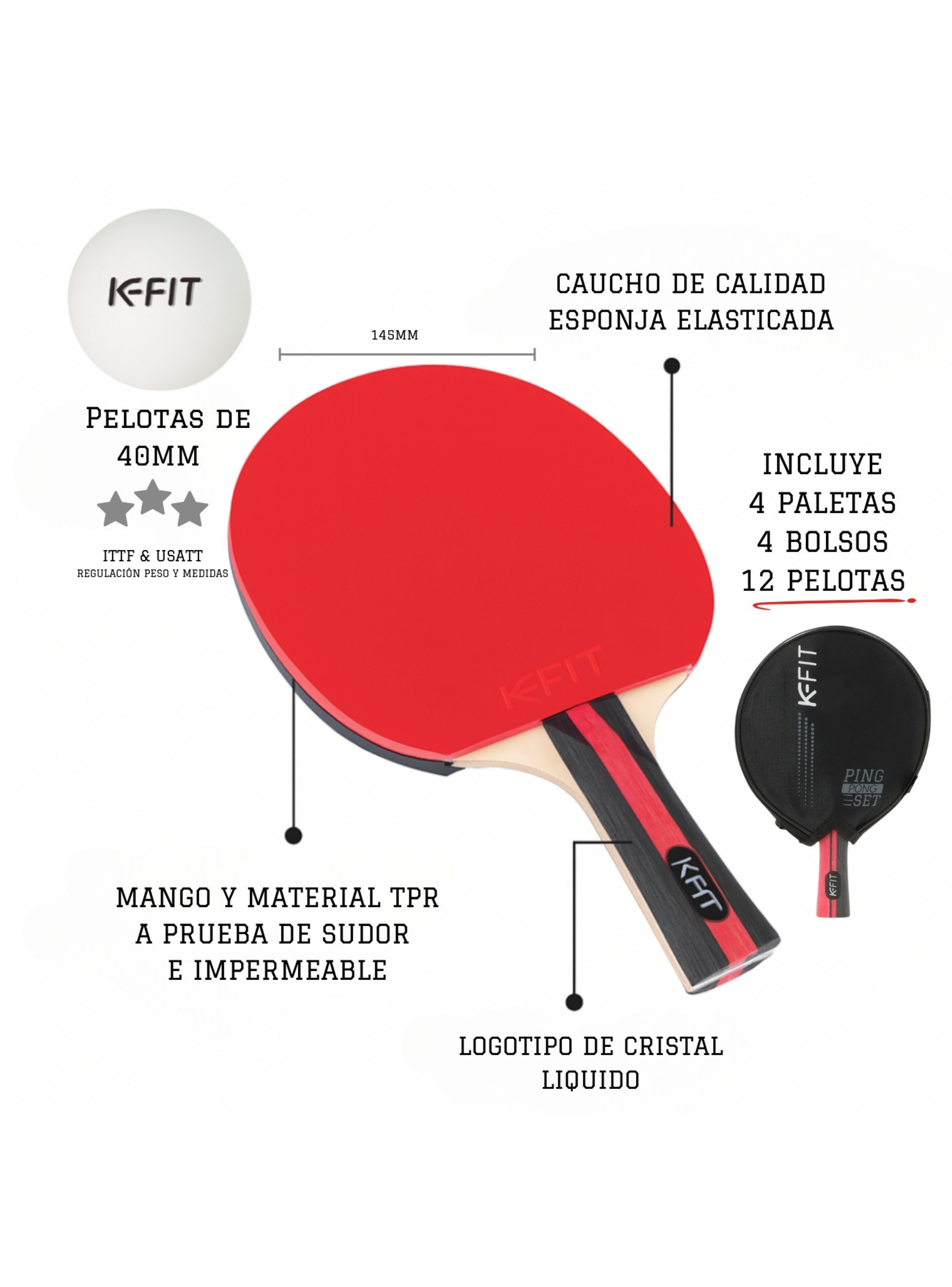 Pack de 4 Paletas Ping Pong + 12 Pelotas Naranjas y Blancas K-Fit-3