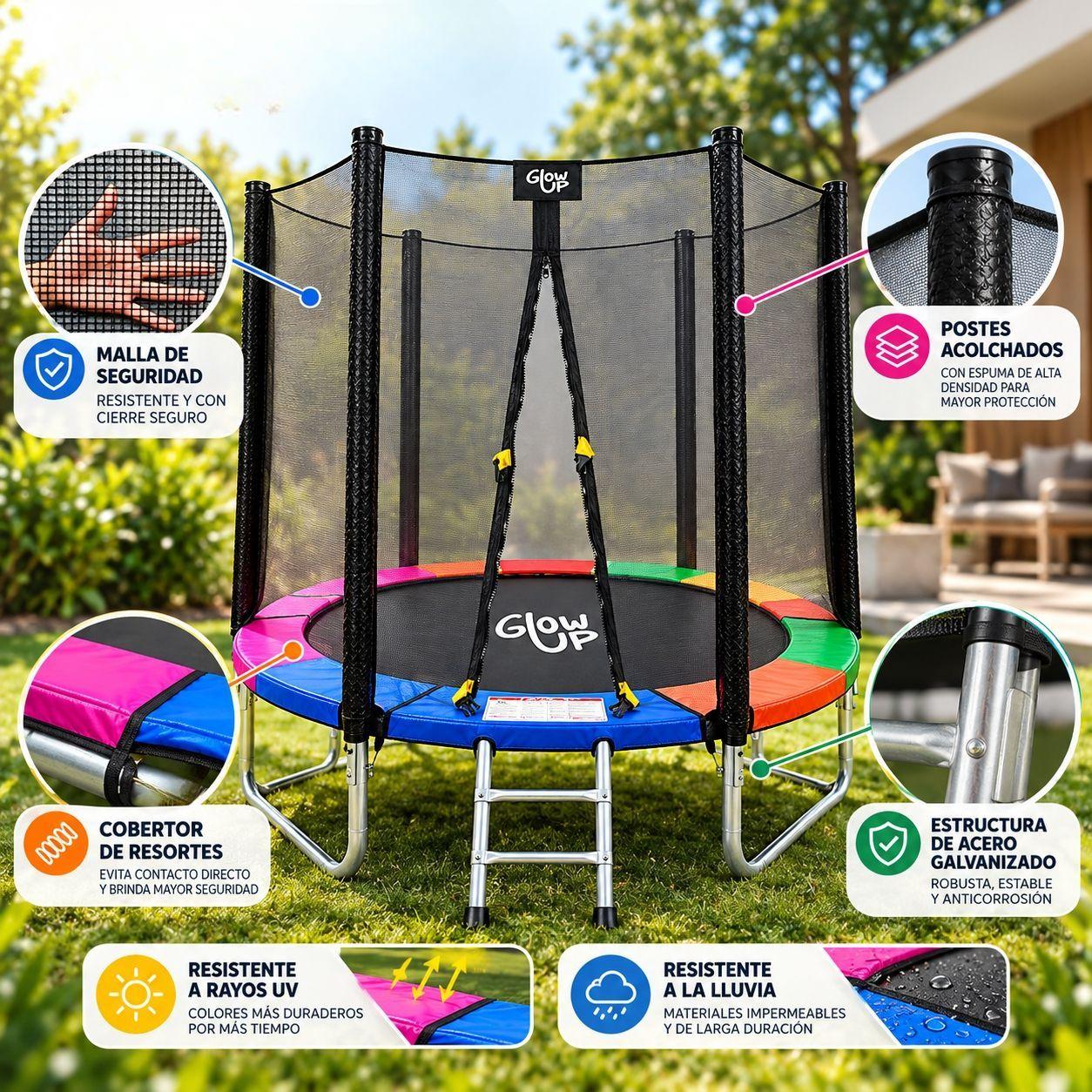 Cama Elástica 6ft 183mt soporta 160kg Malla Glowup Escalera-3