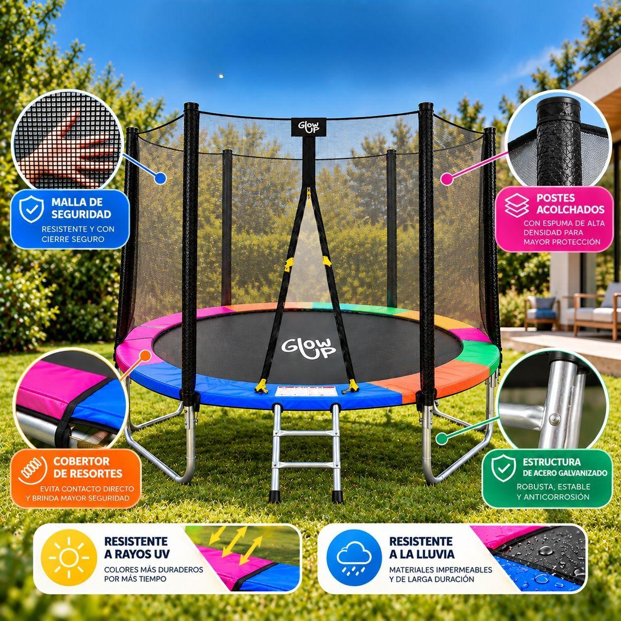 Cama Elástica 10ft 3,05 mts GlowUp con Malla seguridad y Escalera-3