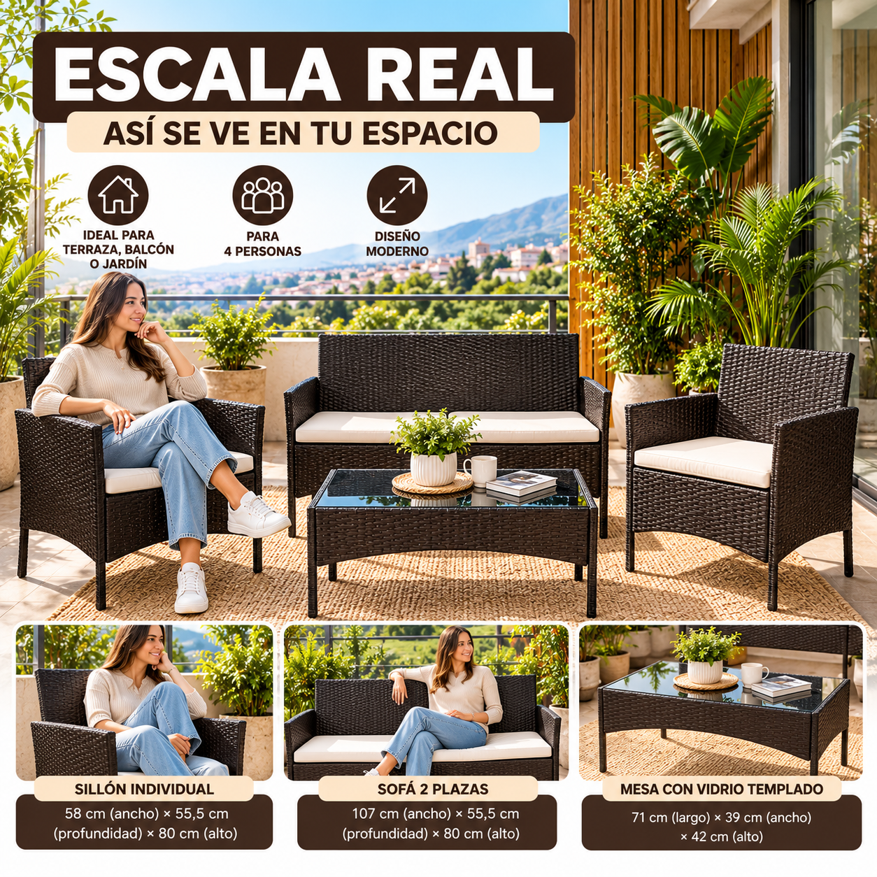 Set Juego De Terraza 4pcs Mesa Sillas Sillon Rattan Vincenzi-3