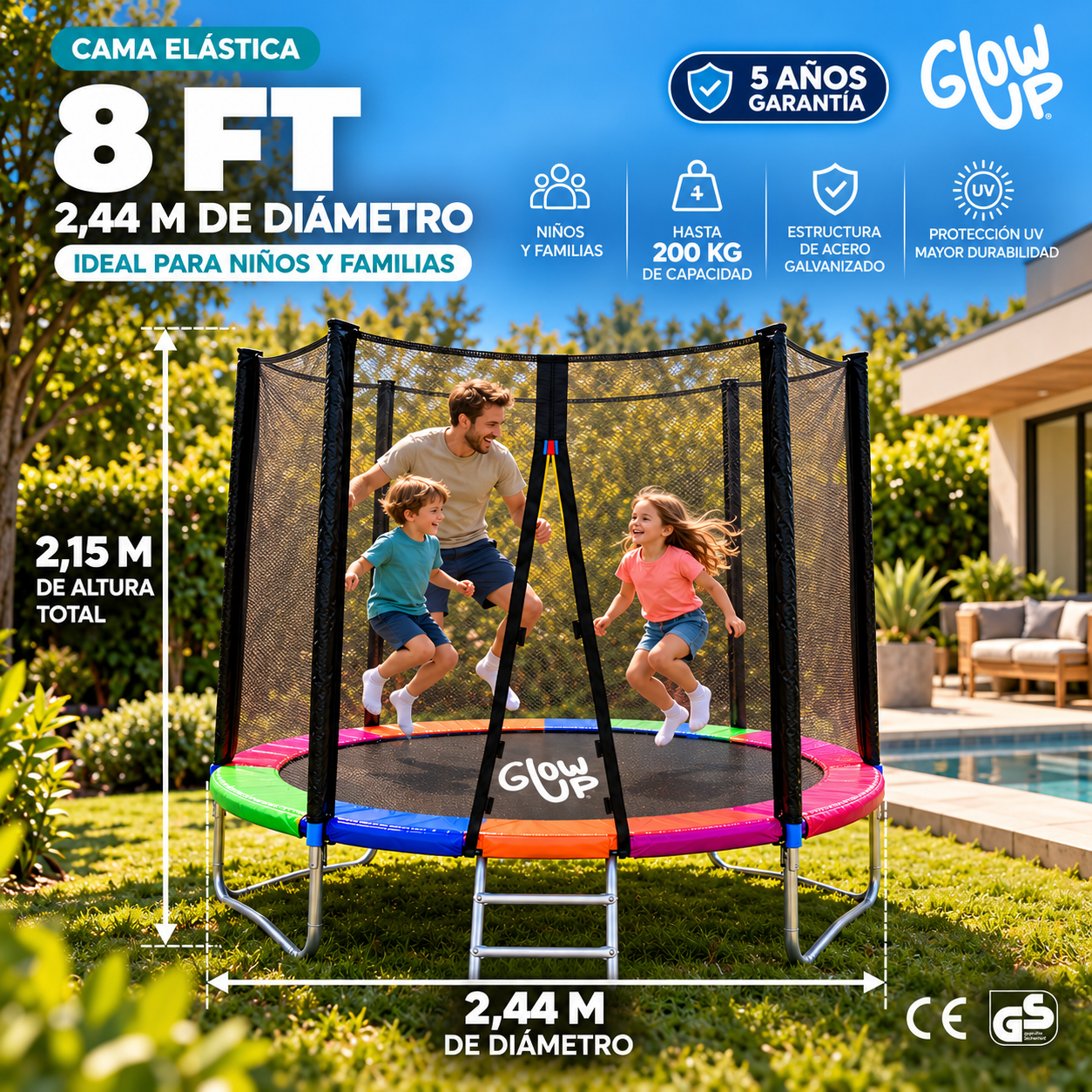 Cama ElásticaI 8ft 2,44 mts Malla seguridad + Escalera GlowUp-1