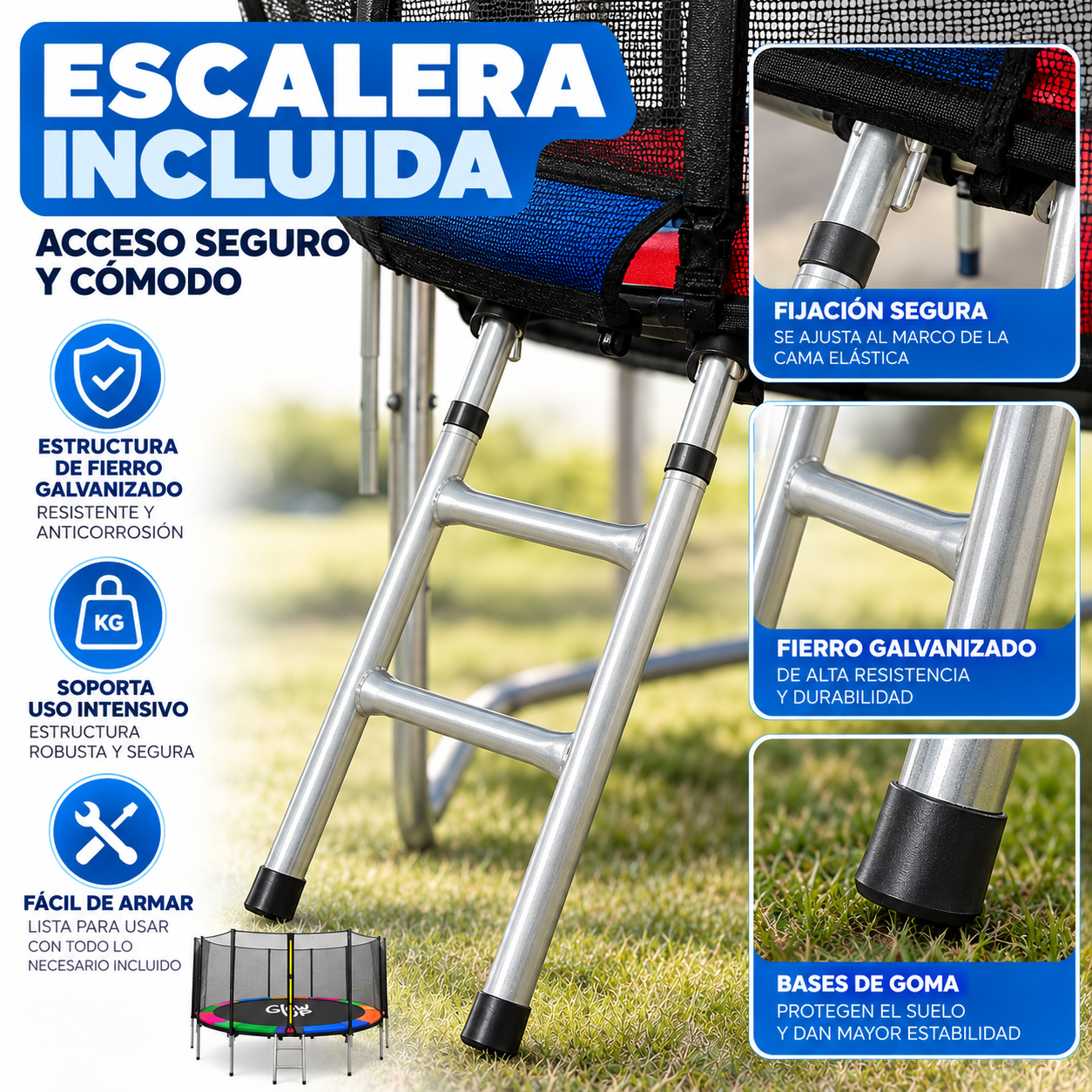 Cama ElásticaI 8ft 2,44 mts Malla seguridad + Escalera GlowUp-4