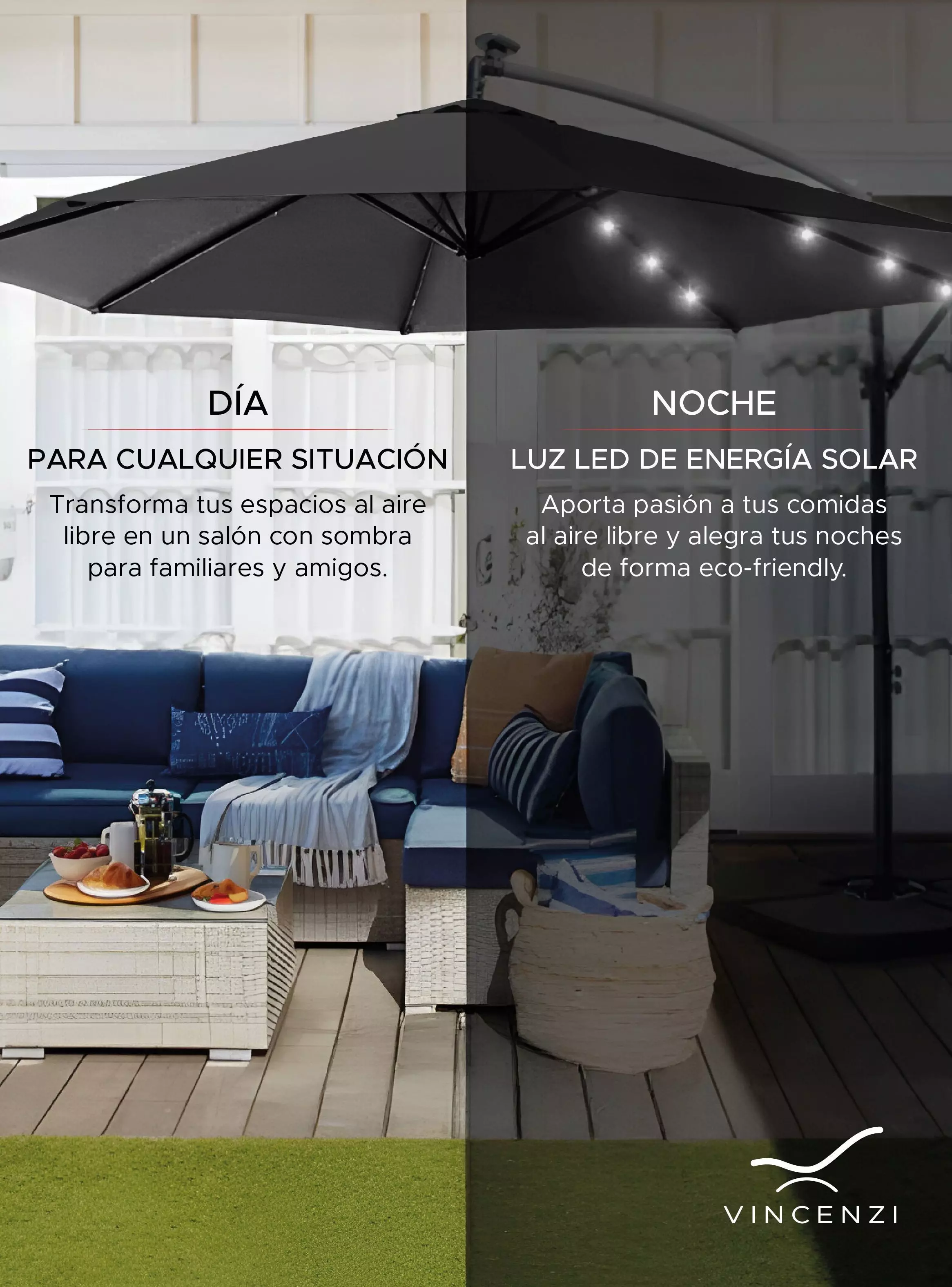 Quitasol Terraza 360° 3x3 mt Panel Solar Luz Led grafito Vincenzi-4