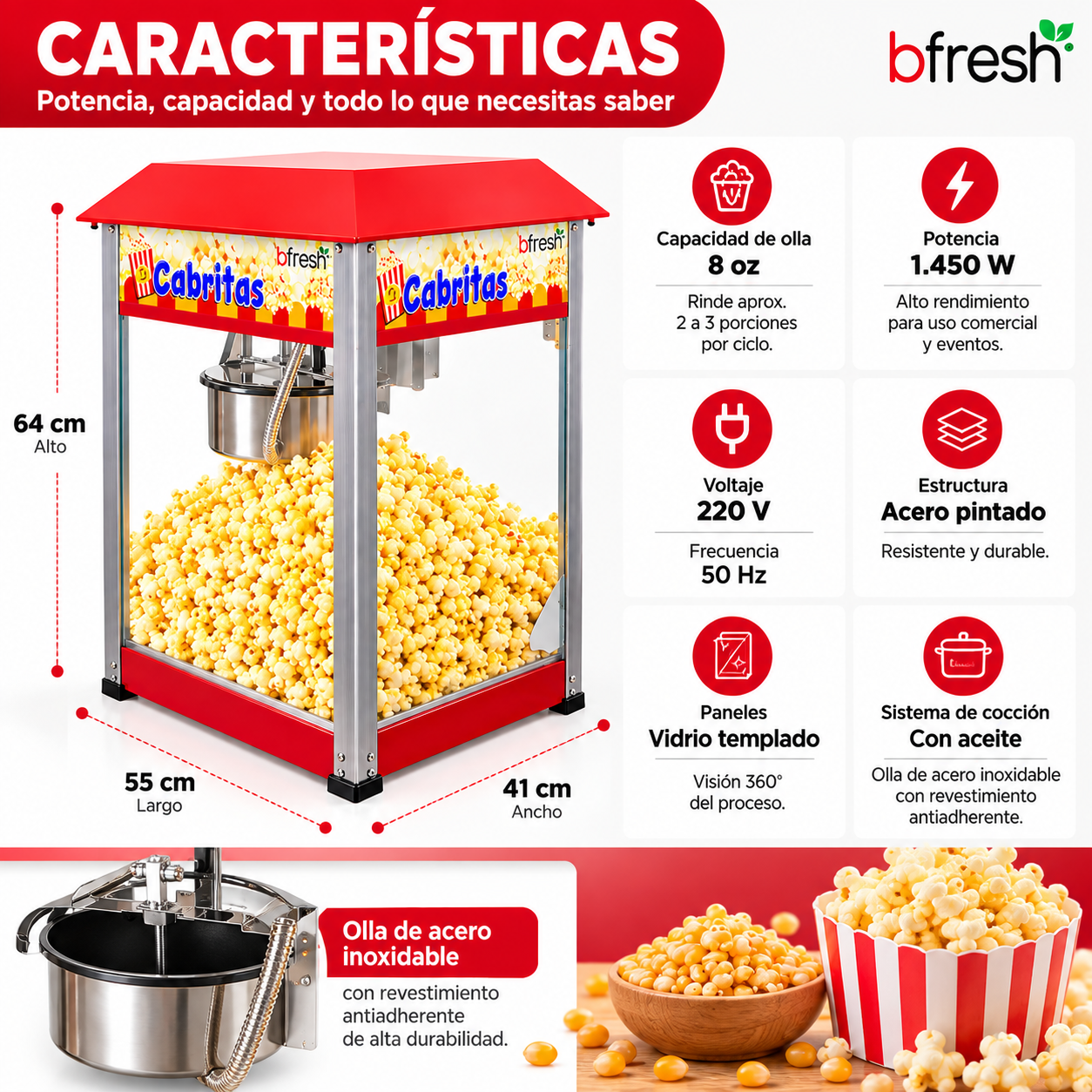 Máquina De Cabritas PopCorn Profesional 8oz Bfresh-3