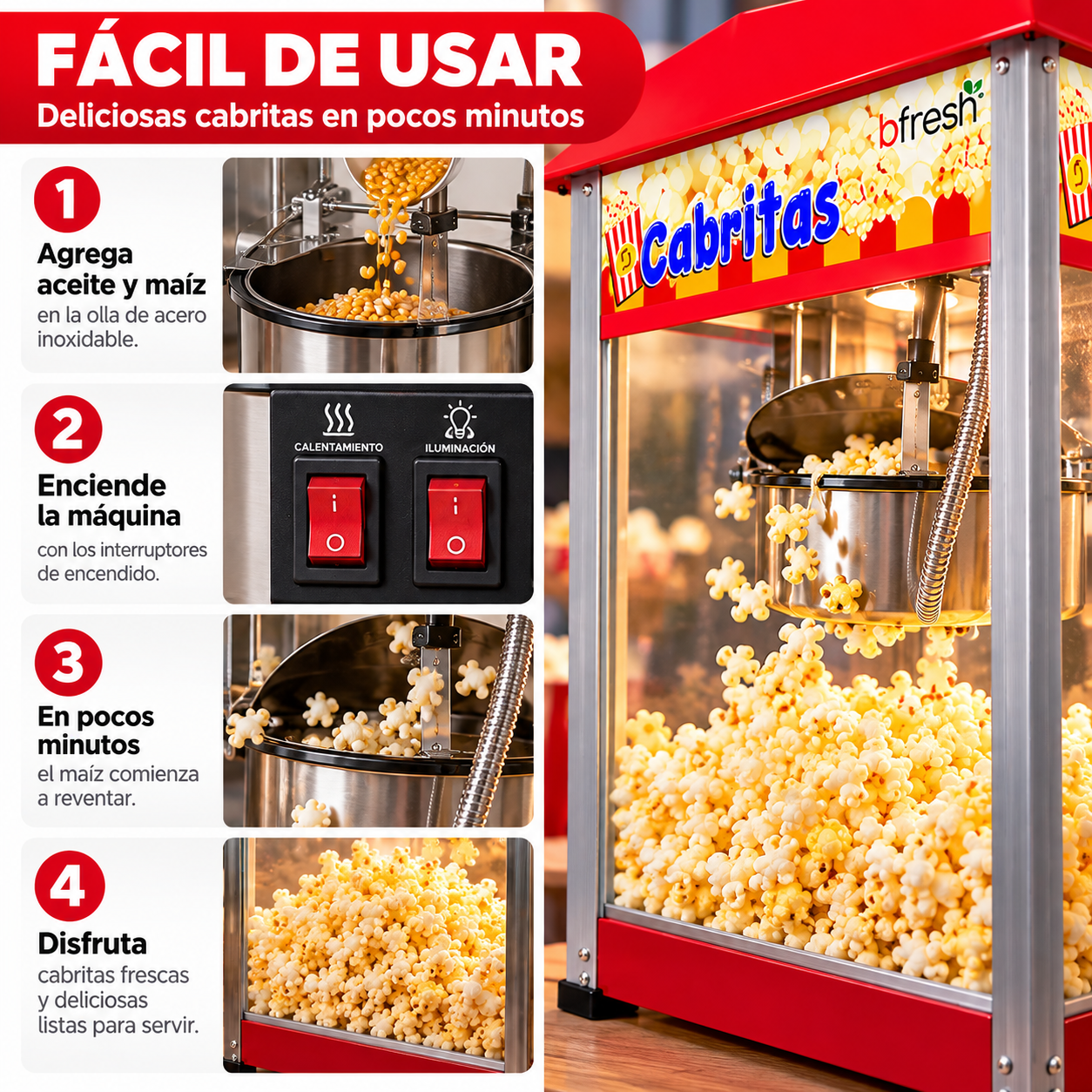 Máquina De Cabritas PopCorn Profesional 8oz Bfresh-6