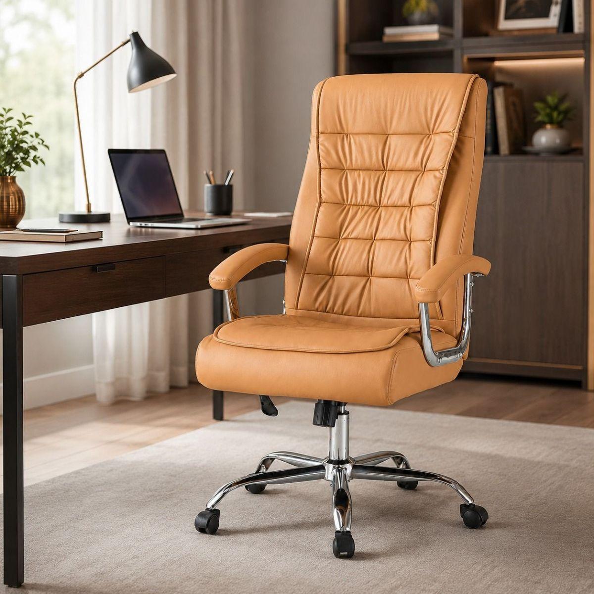 Silla Ejecutiva Magnus Caramelo  con Respaldo Alto Acolchado, Ruedas y Base Cromada para Oficina-2
