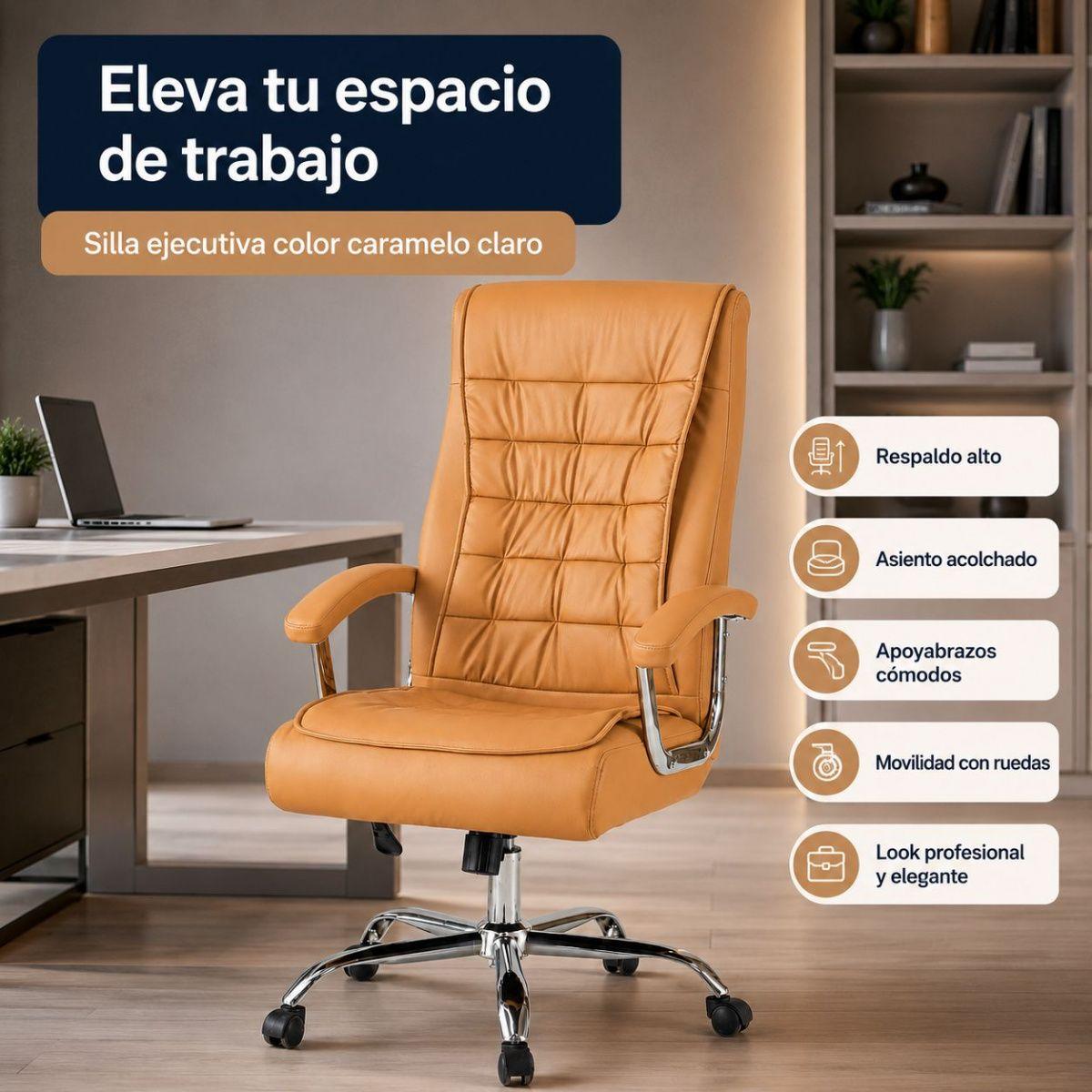 Silla Ejecutiva Magnus Caramelo  con Respaldo Alto Acolchado, Ruedas y Base Cromada para Oficina-3