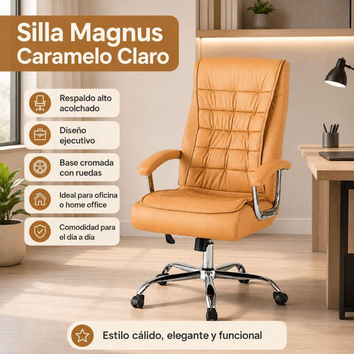 Silla Ejecutiva Magnus Caramelo  con Respaldo Alto Acolchado, Ruedas y Base Cromada para Oficina-4