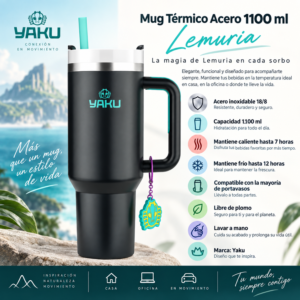 Mug Térmico Lemuria Neon 1100 Ml Vaso Térmico Gran Capacidad-2