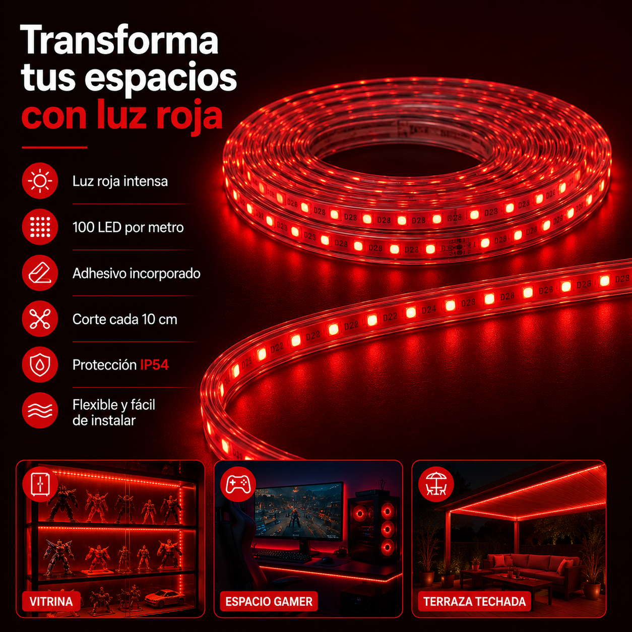 Cinta LED Roja SMD 2835 Rollo 100 m con Adhesivo IP54-4