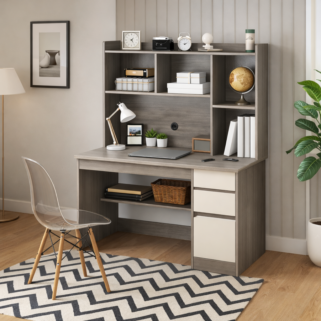 Escritorio Multifuncional Home Office 120×45 cm Gris Módulo Superior y Cajones-5