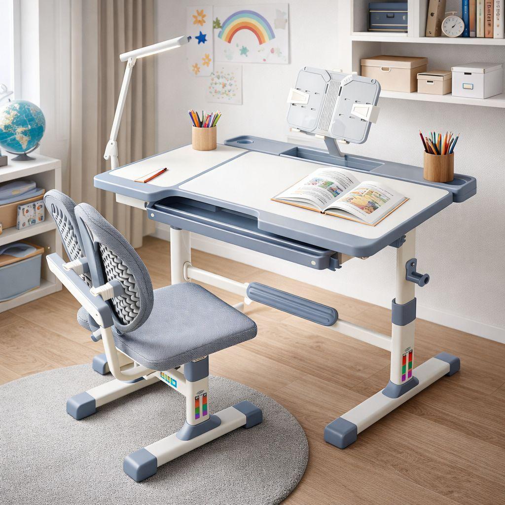 Escritorio Infantil Gris Con Silla Ergonomica Ajustable-3